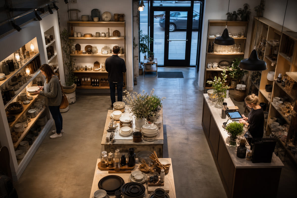 Camera view of a shop entrance and checkout counter with customers moving through the frame.
