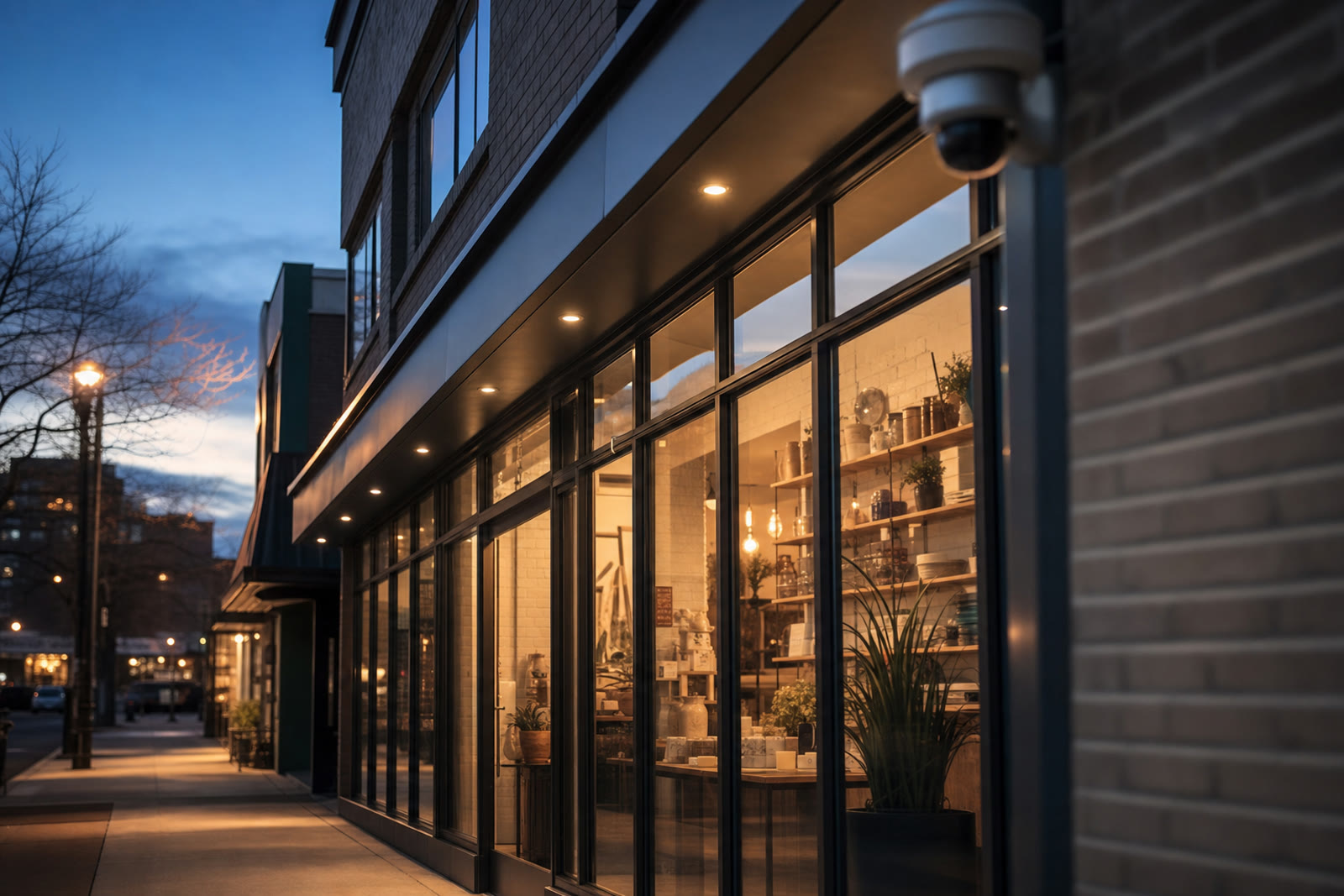 Security cameras covering the entrance of a small business at dusk, with the interior warmly lit.