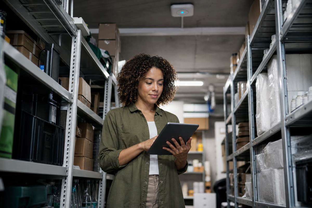 Employee using a tablet with full signal deep inside a stockroom lined with metal shelving.