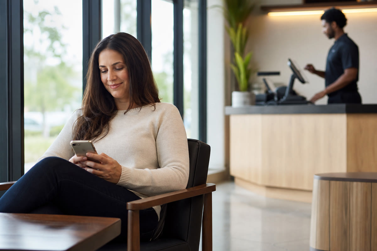 Customer using a phone on the guest network in a lobby while staff work at a point-of-sale counter behind.