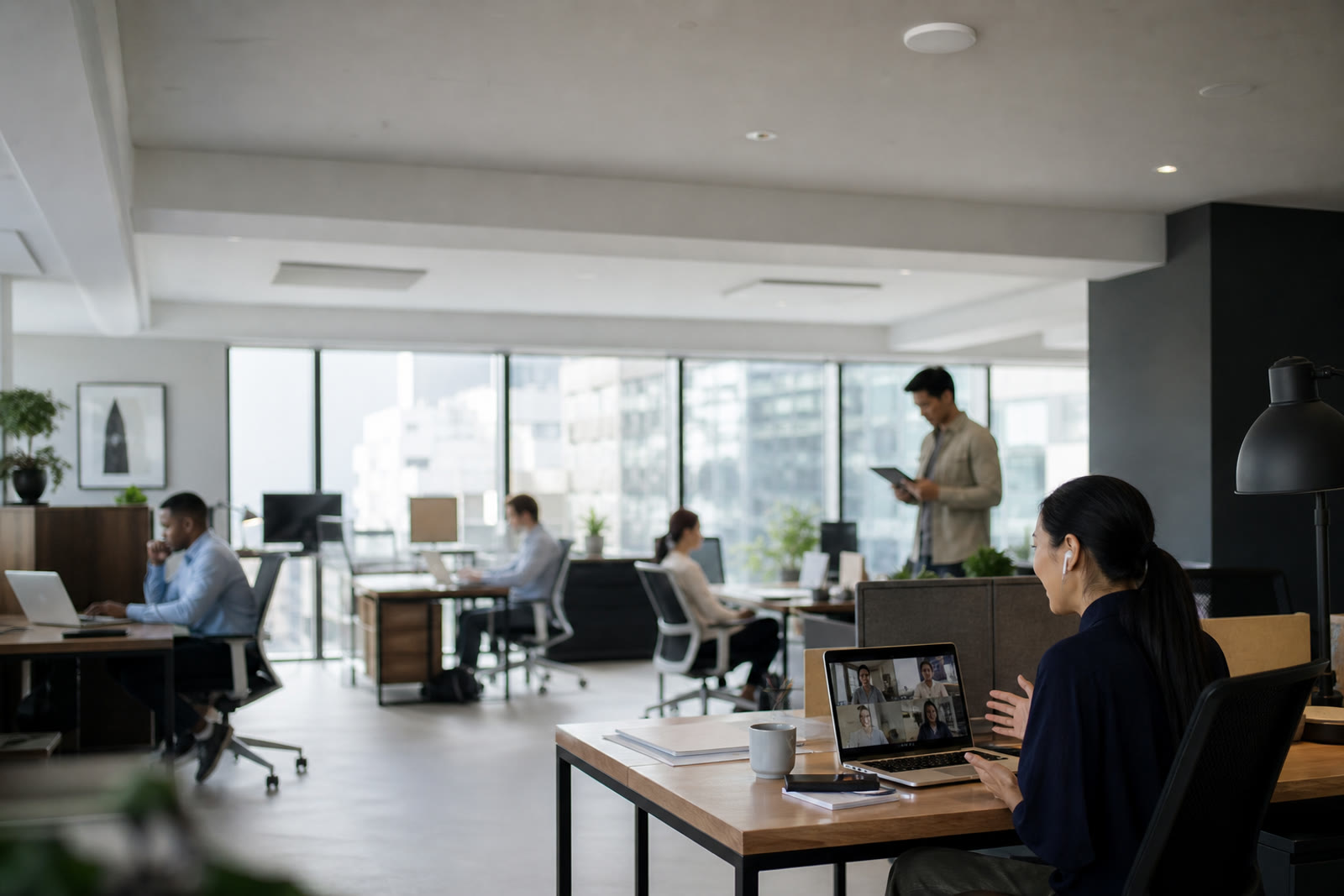 Staff working on laptops and a video call across an open-plan office with a ceiling access point overhead.