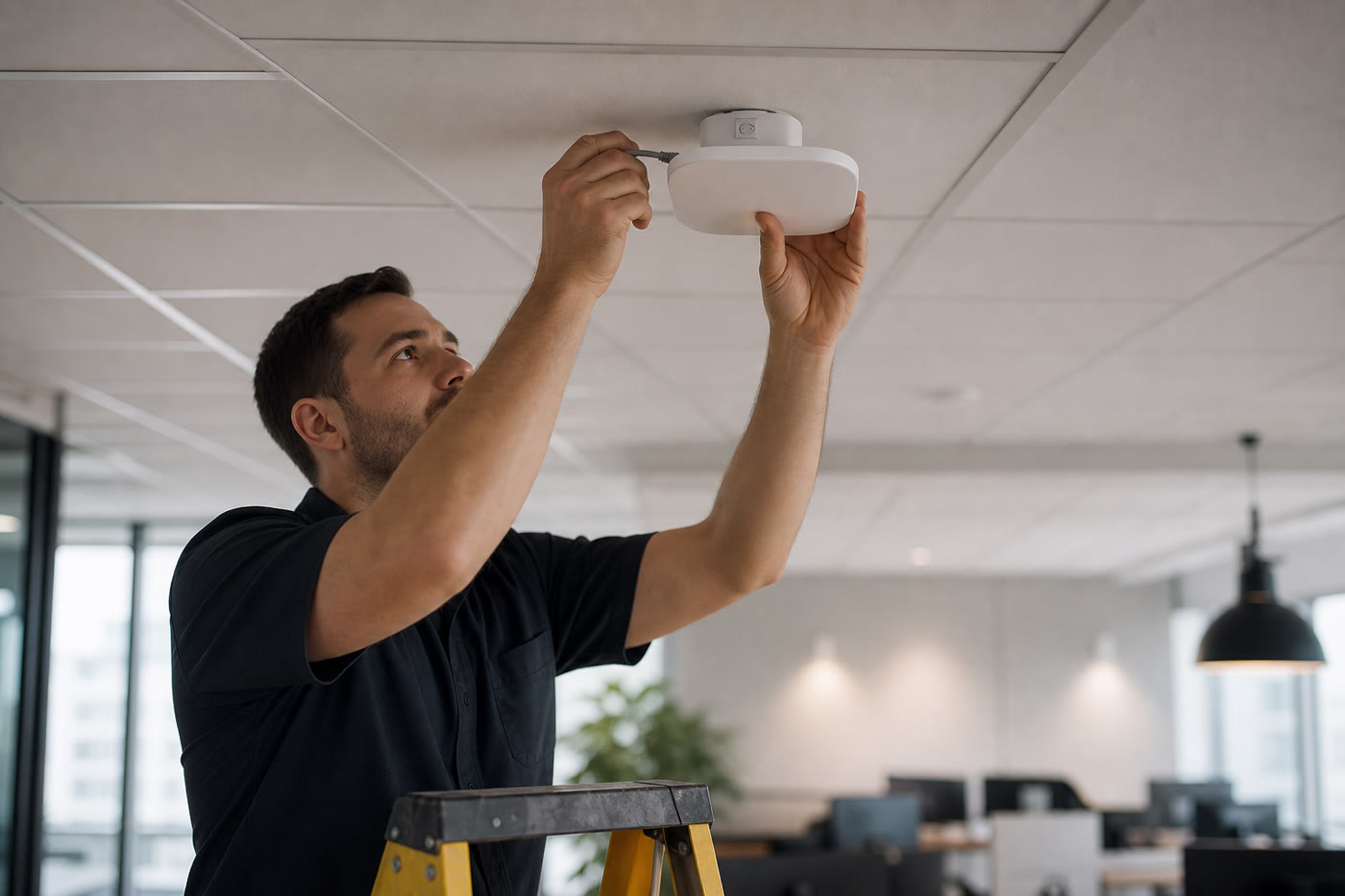 Knockout Networks technician installing a ceiling-mounted wireless access point in an office.