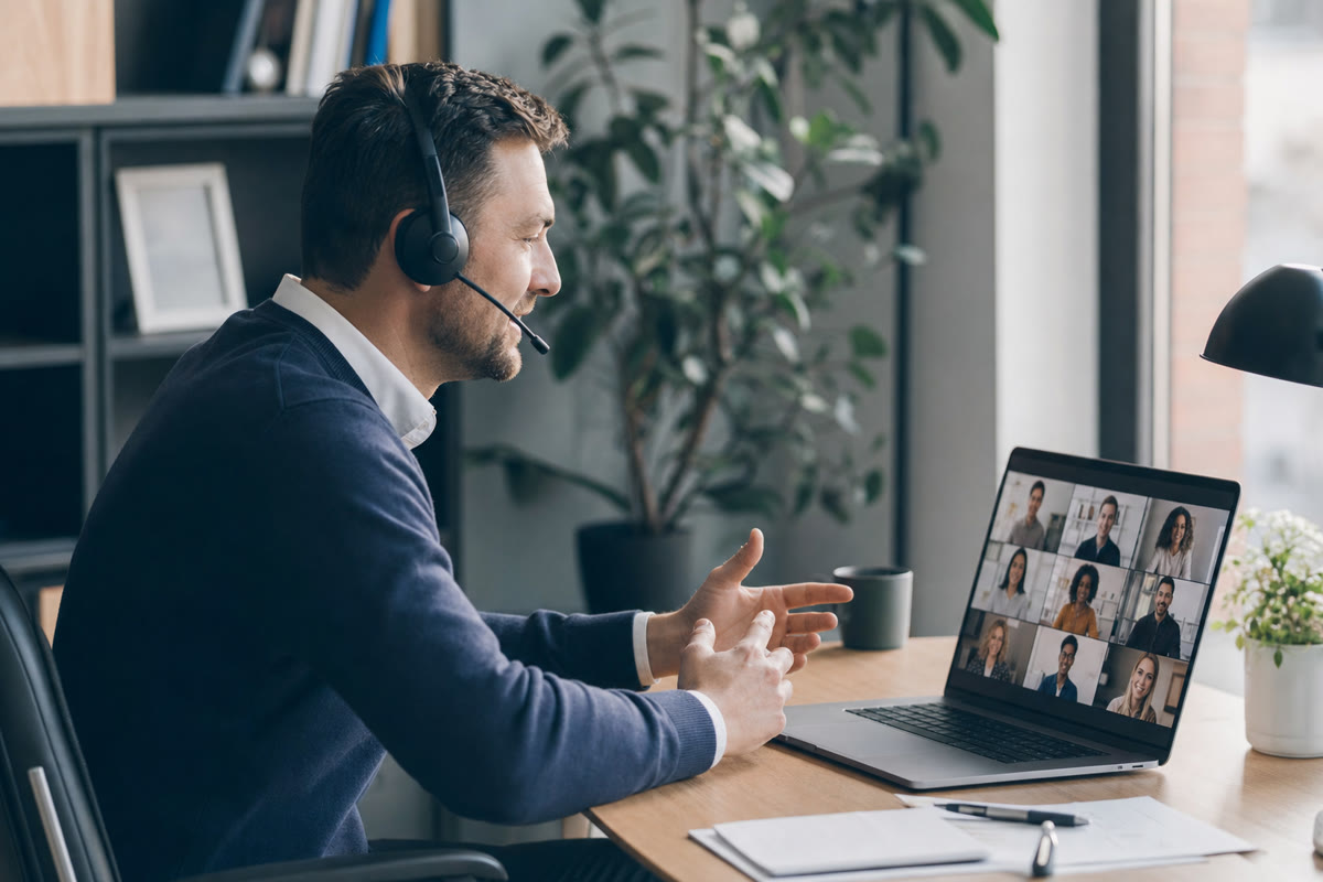 Professional holding a steady video call on a laptop at an office desk.