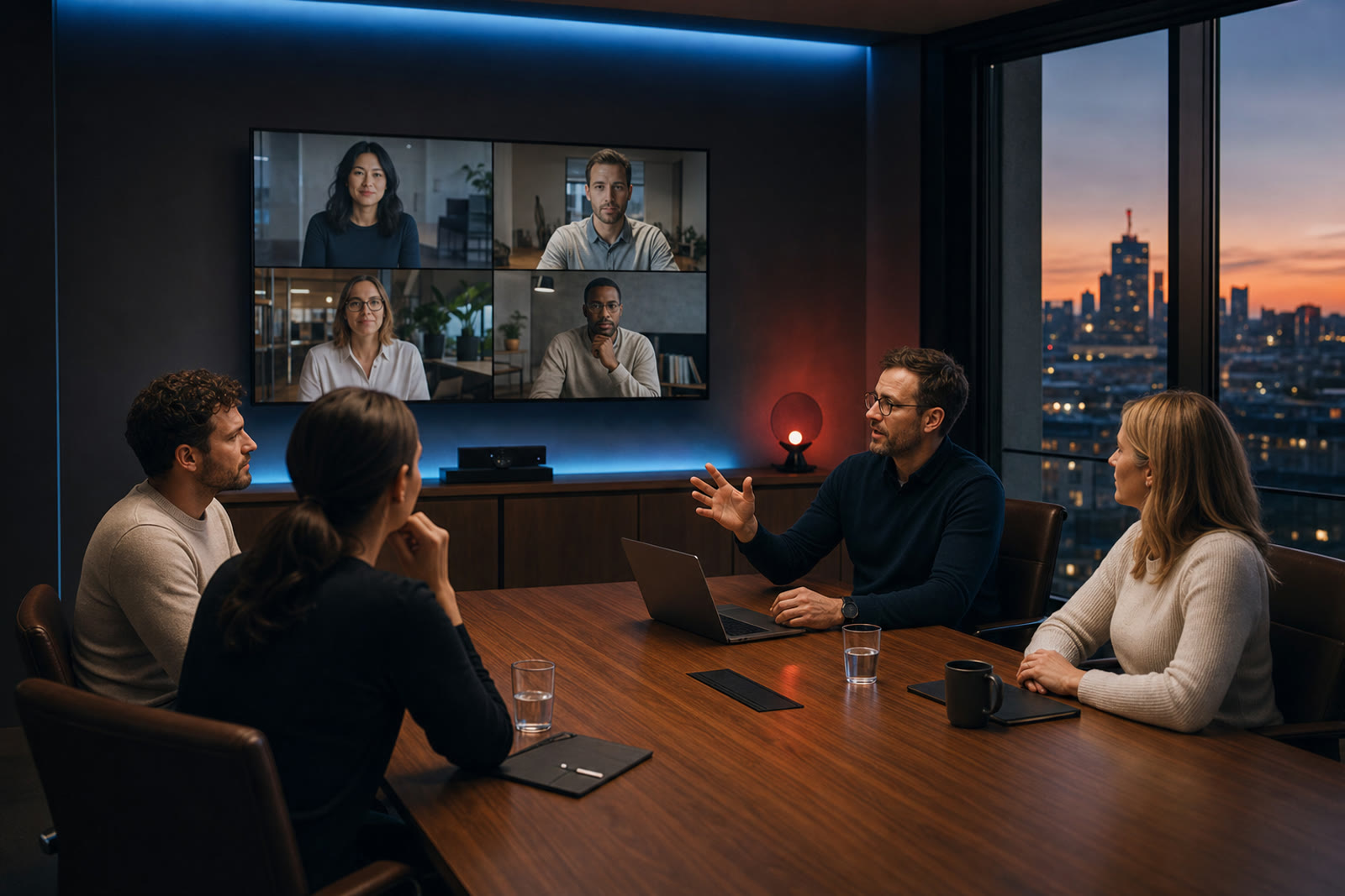 Team on a hybrid video call in a conference room with a wall display, room camera, and table audio.