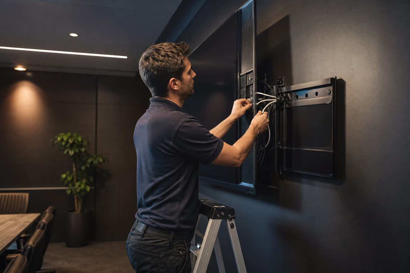Knockout Networks technician neatly routing cables behind a wall-mounted conference room display.