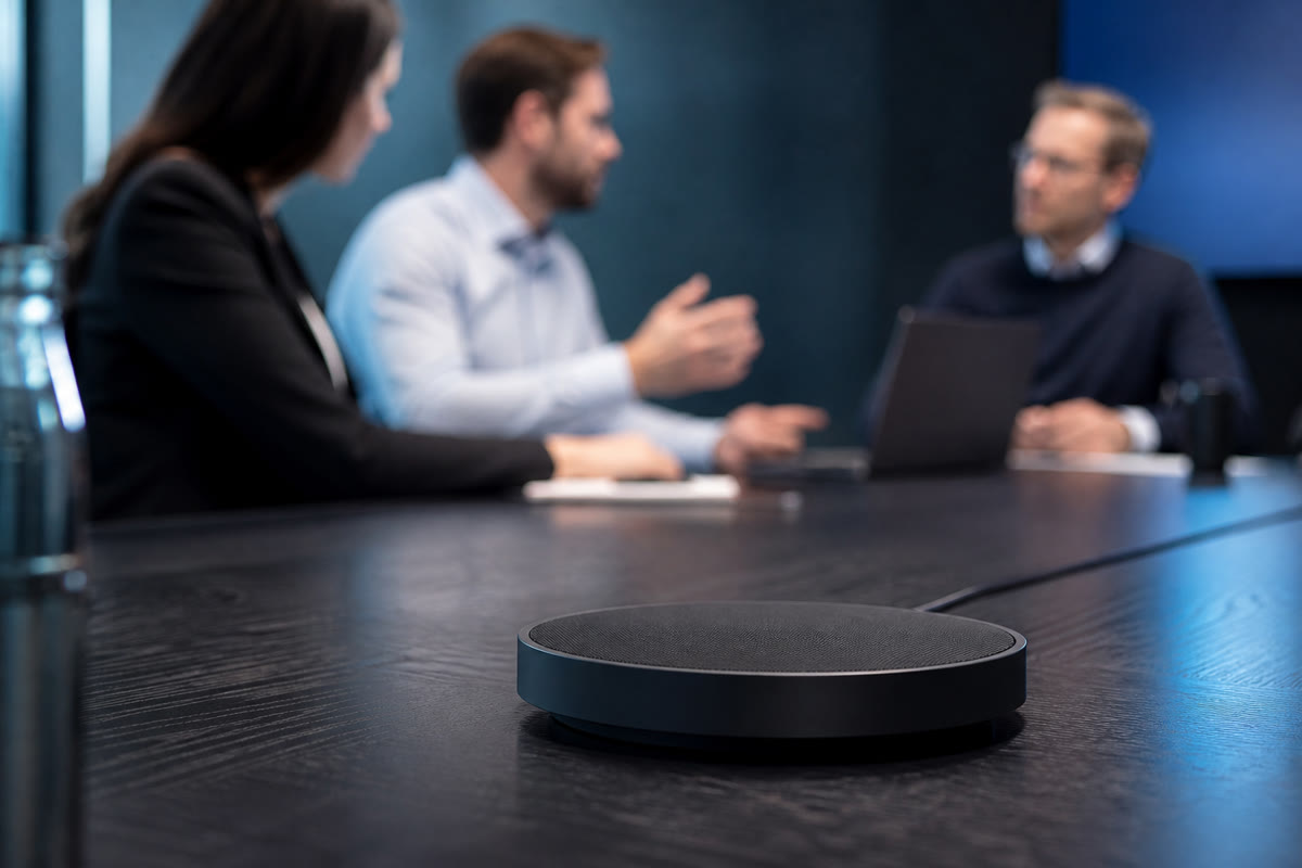 Table microphone and speaker on a conference table with colleagues talking in the background.