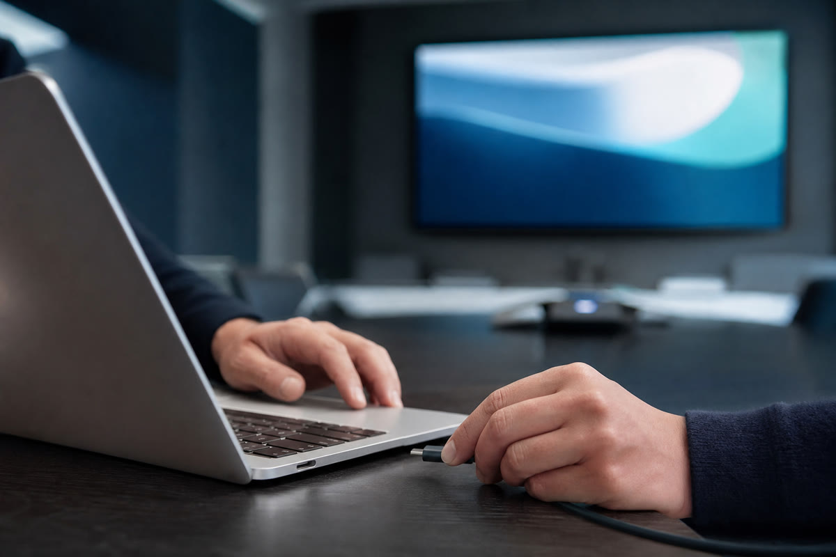 Plugging a single cable into a laptop to share a screen on the conference room display.