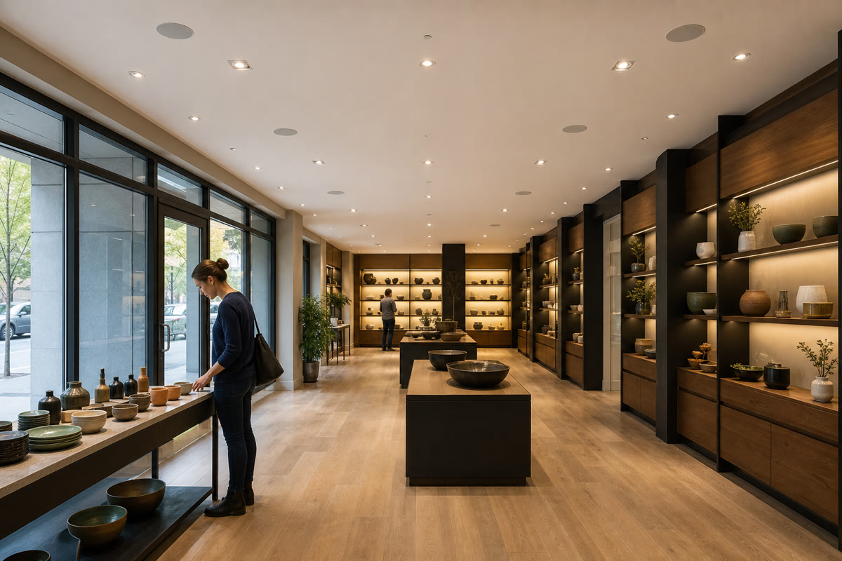Customers shopping across a wide retail floor with flush ceiling speakers spaced overhead.