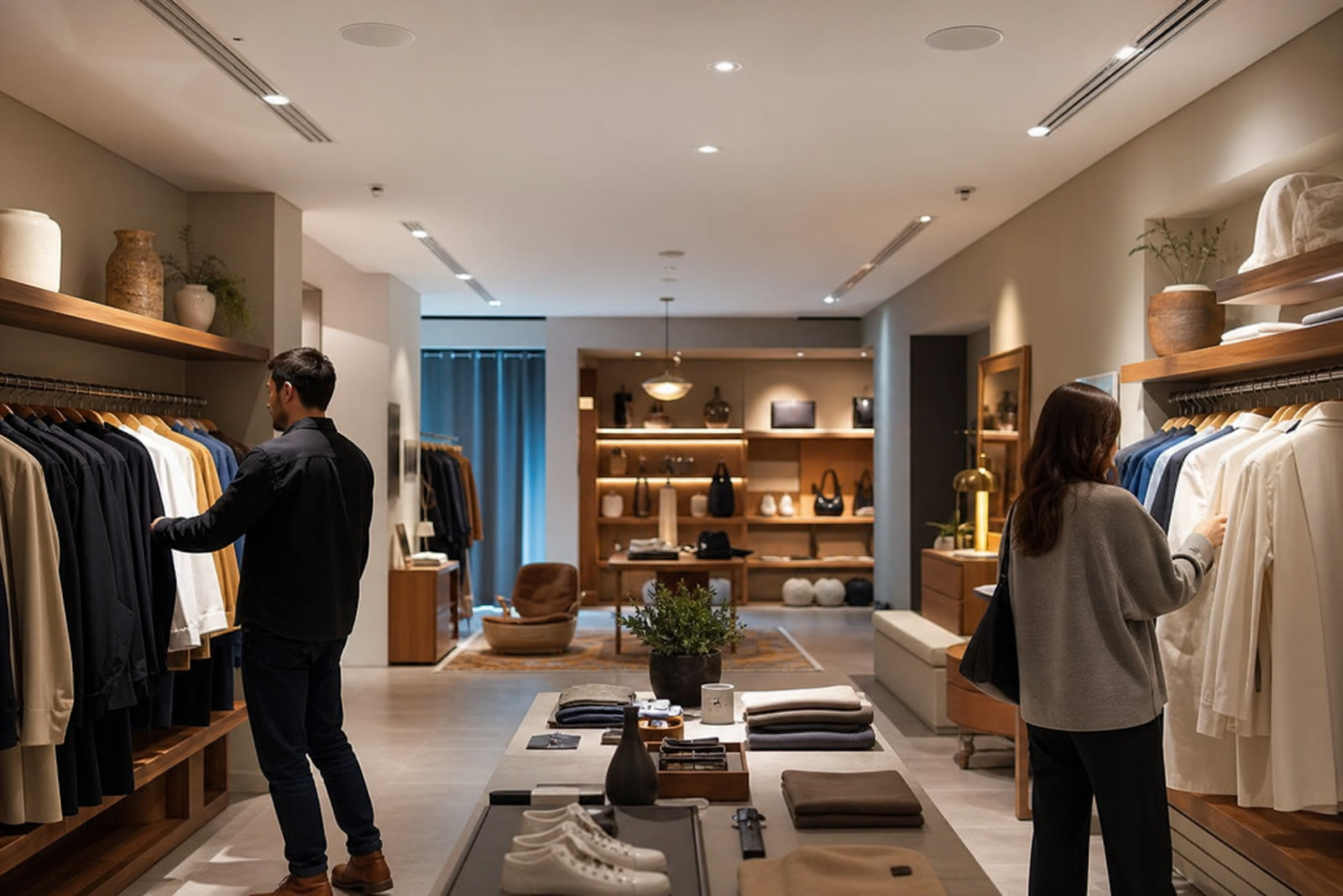 Warmly lit retail floor with customers browsing and flush-mounted ceiling speakers overhead.