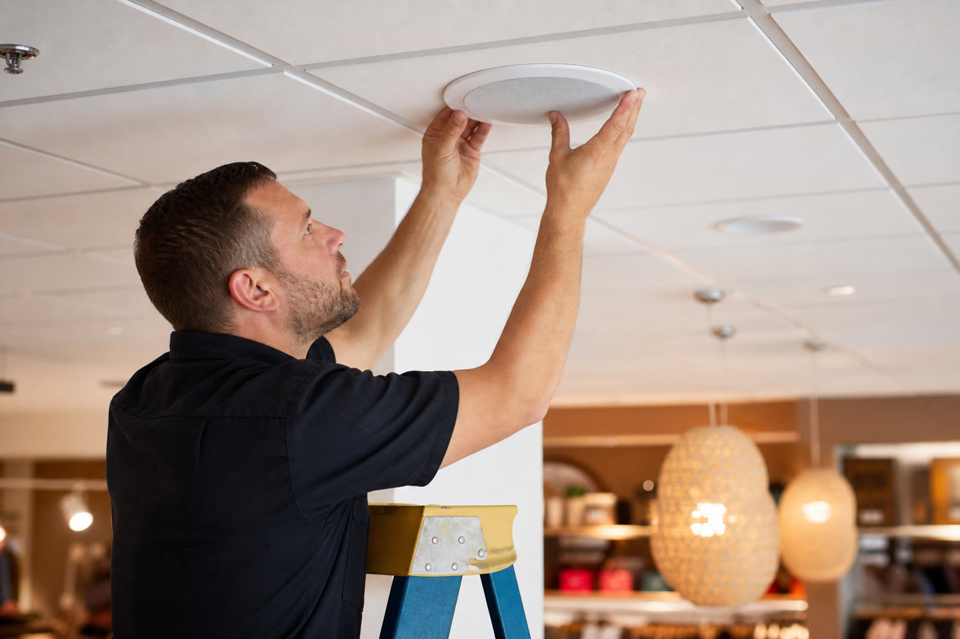 Knockout Networks technician fitting a flush ceiling speaker into a retail ceiling grid.