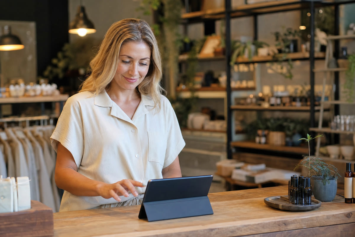 Shop owner choosing a licensed background music playlist on a tablet behind the counter.