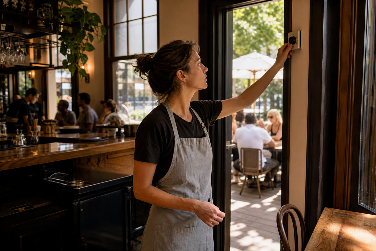 Staff member setting the volume for the patio zone on a wall control inside a busy cafe.