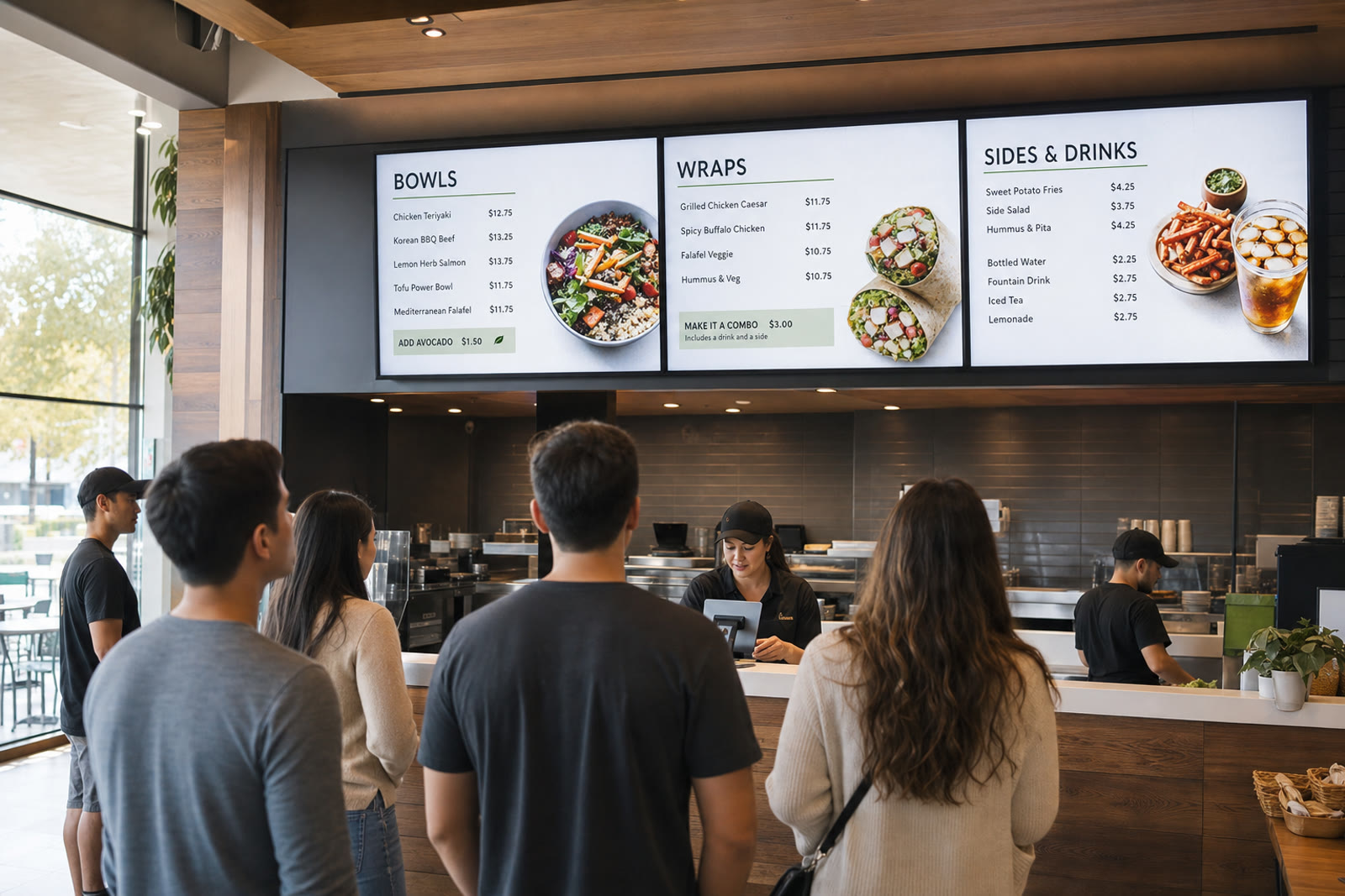 Customers ordering beneath a row of bright digital menu boards in a modern fast-casual restaurant.
