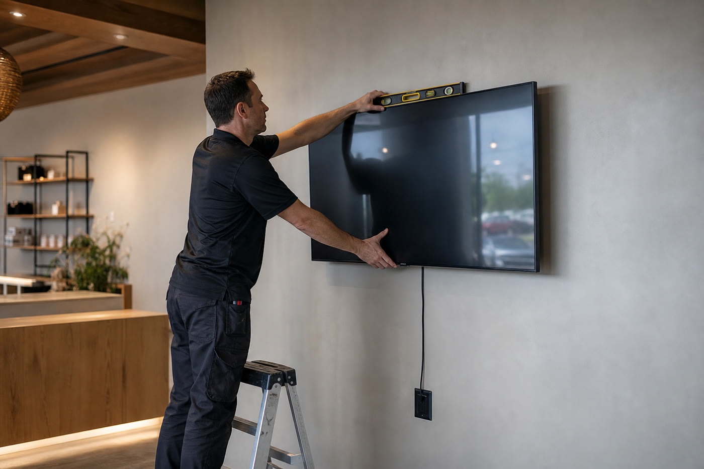 Knockout Networks technician setting a large commercial display onto its wall mount and checking it for level.