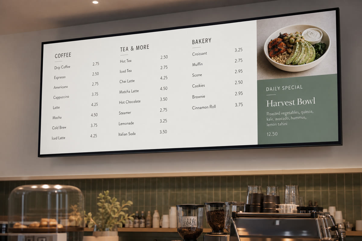 Digital menu board above a café counter showing menu categories, prices, and a daily special panel.