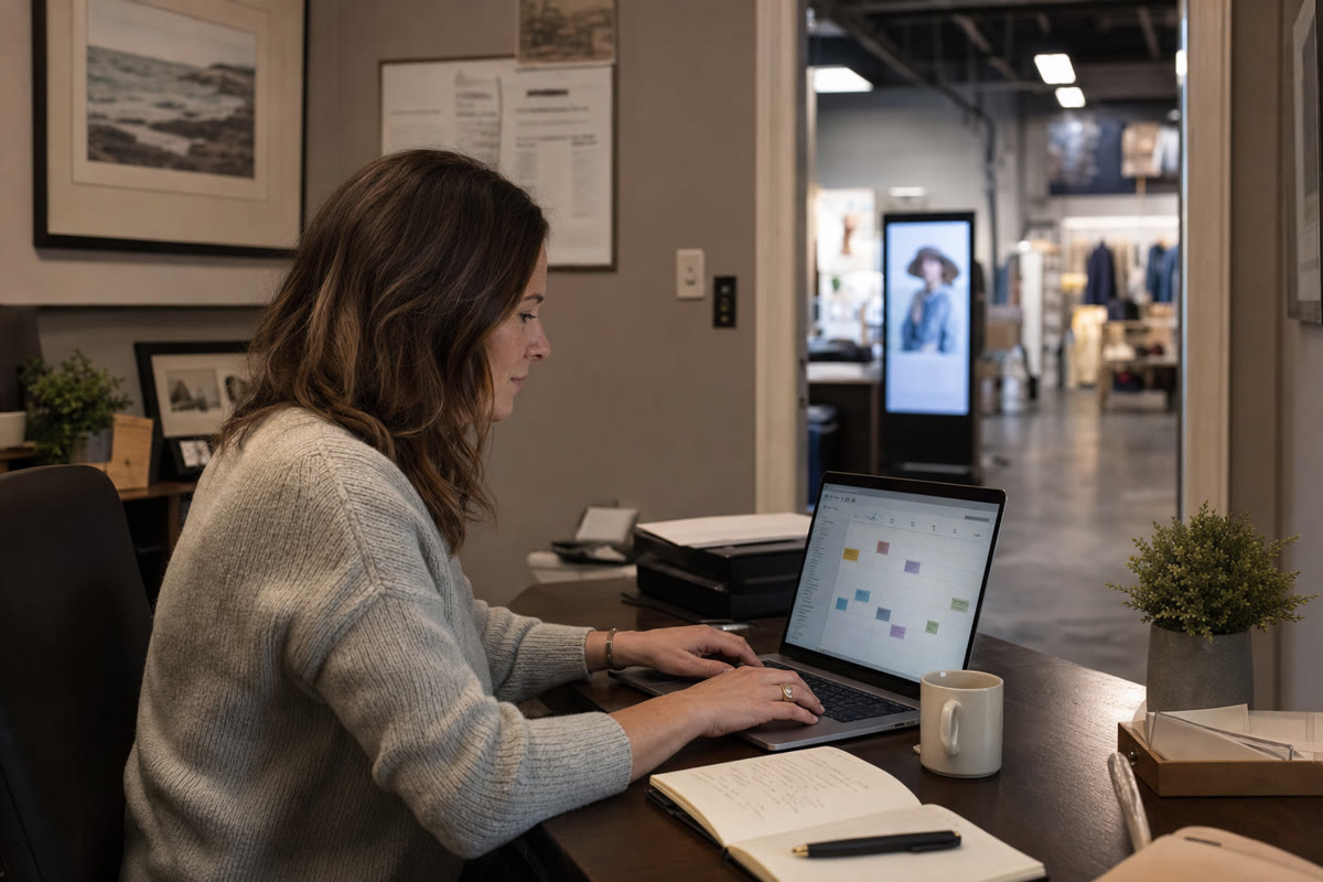 Business owner scheduling display content on a laptop with a lit shop-floor screen visible behind her.