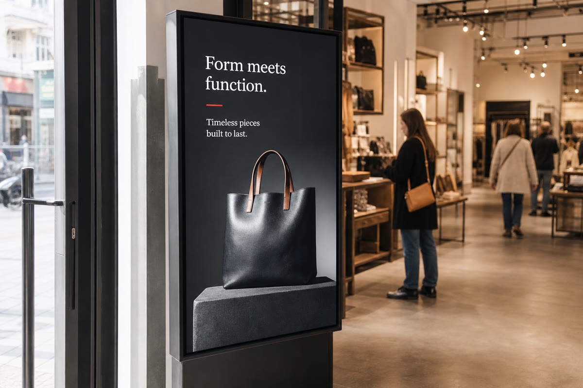 Portrait digital display near a shop entrance staying crisp against bright daylight from the storefront glass.