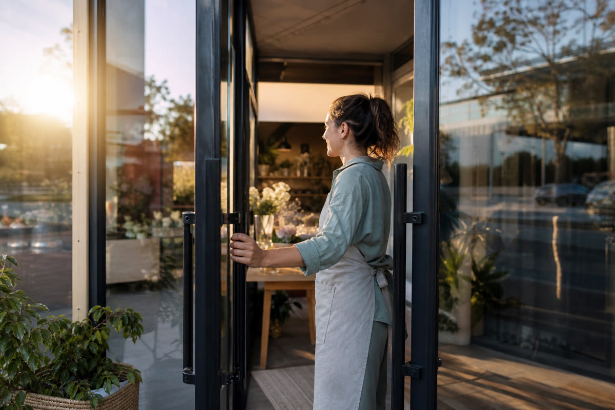 Glass front door of a small business unlocked at opening time with staff arriving.