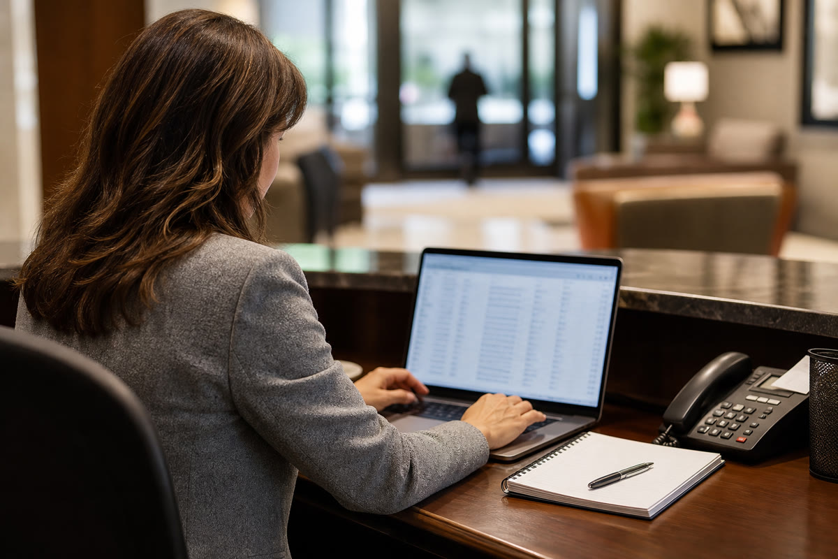 Office manager reviewing a door entry log on a laptop at a reception desk.
