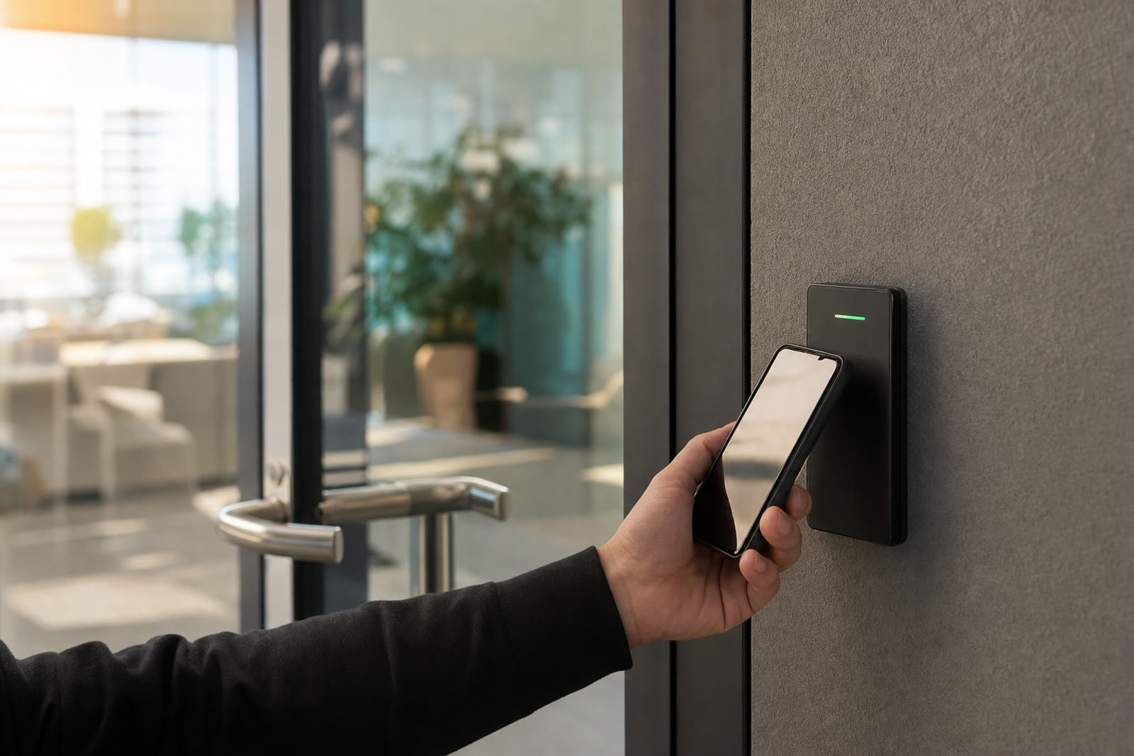 Employee holding a phone up to a slim access reader beside a glass office door.