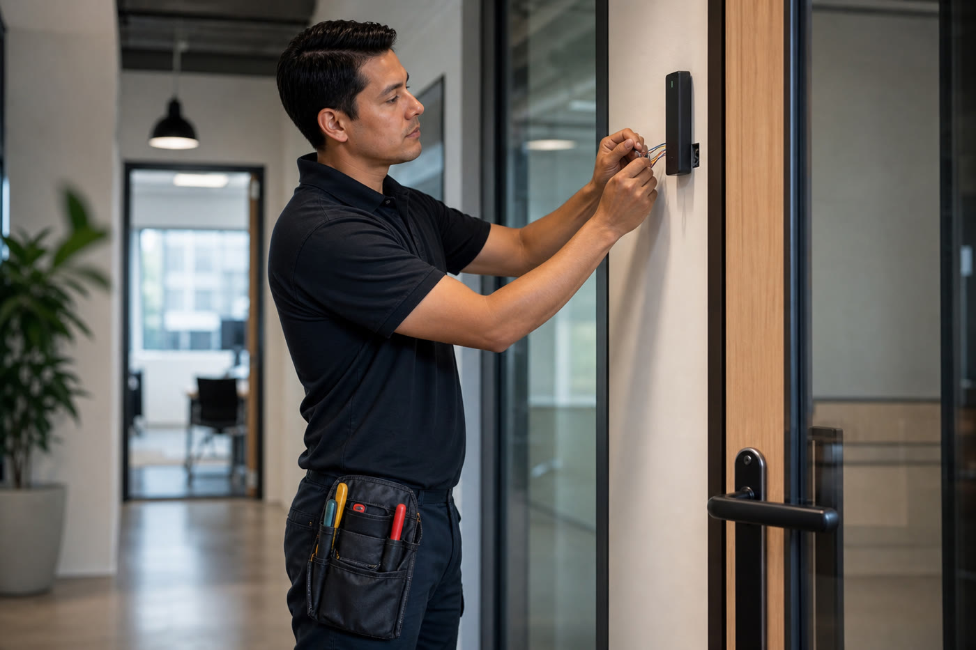 Knockout Networks technician wiring an access control reader mounted at standard height beside an office door.