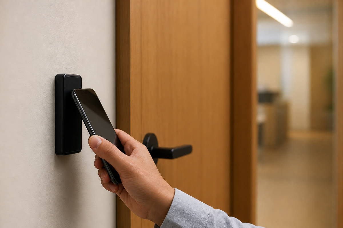 Close view of a phone tapping a slim reader mounted beside an office door handle.