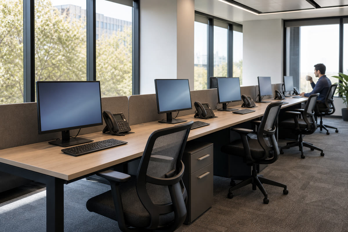 A row of finished workstations with monitors on and desk phones in place in a new office.