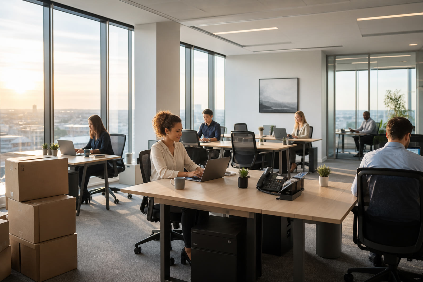 Staff already working at desks in a bright new office on move-in morning with a few boxes still unpacked.