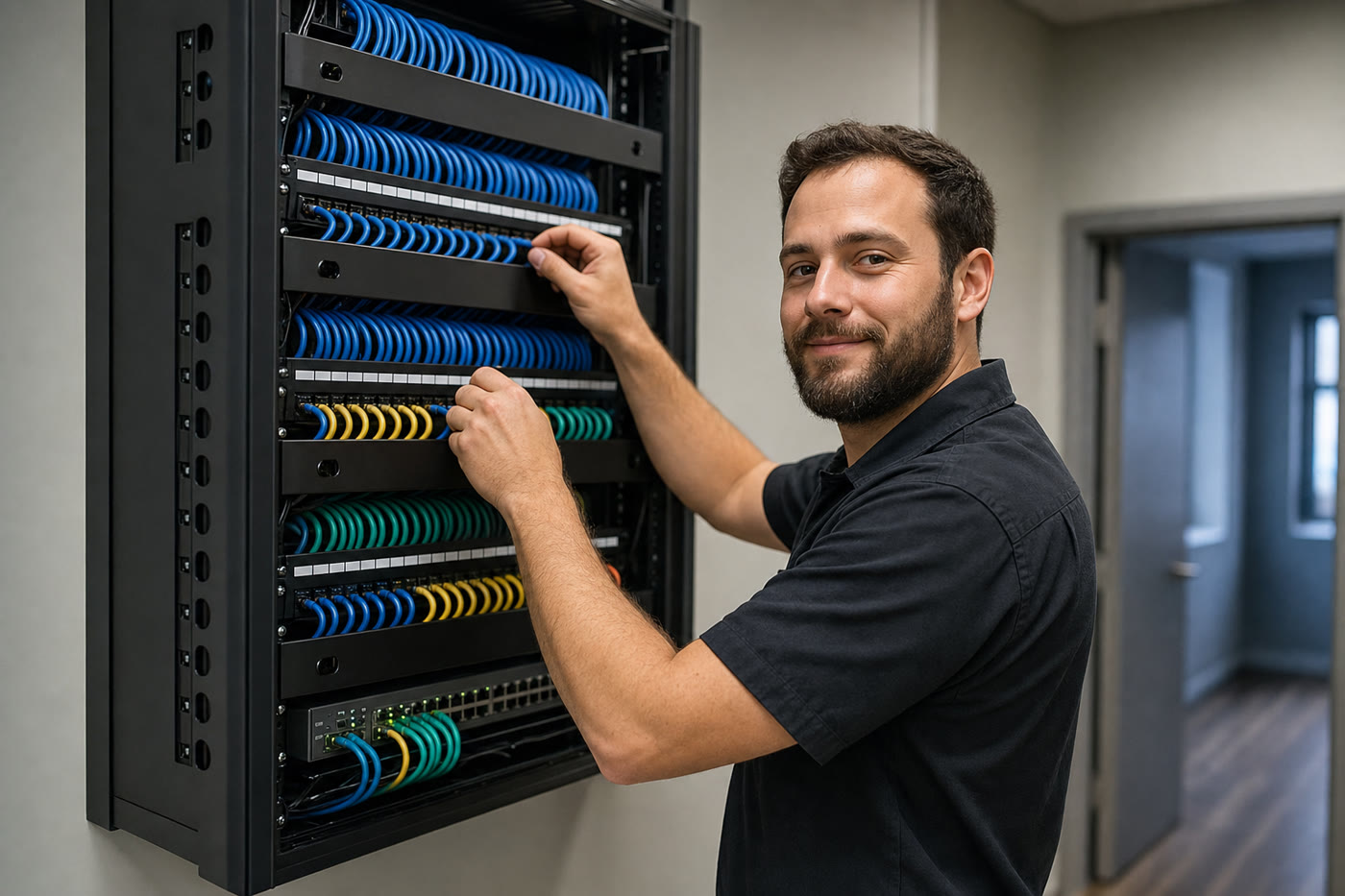 Knockout Networks technician dressing cable into a patch panel in a clean new office network rack.
