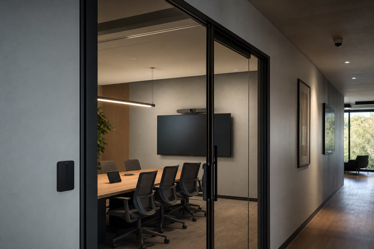 Finished meeting room seen through glass, with an access reader beside the door and a ceiling camera in the corridor.
