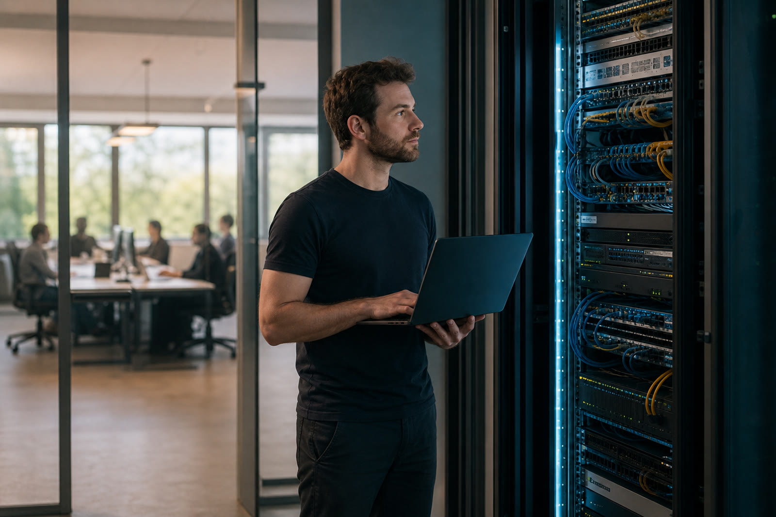 IT technician with a laptop beside a server rack while staff work normally in the office beyond a glass wall.