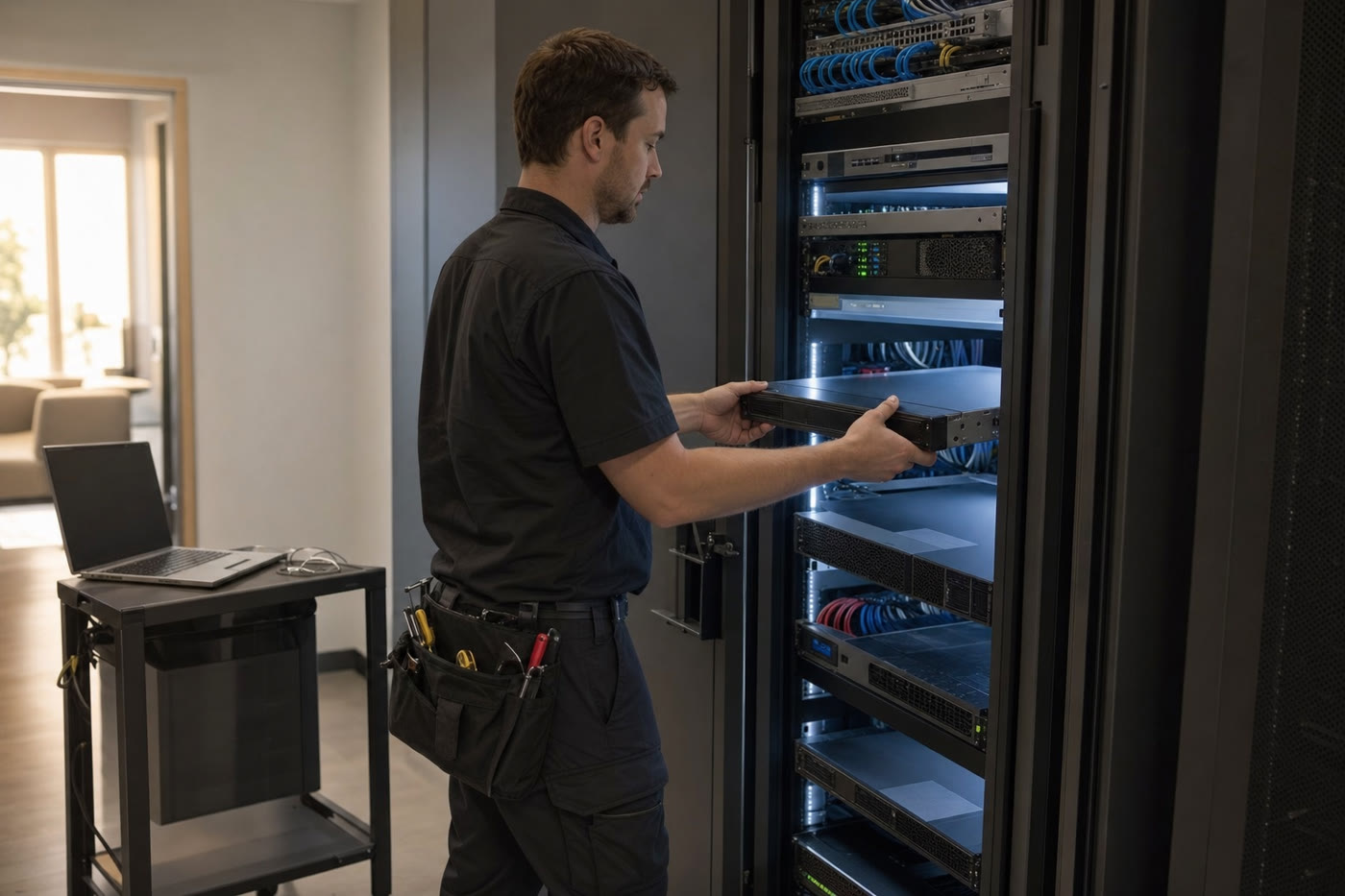 Knockout Networks technician installing a rack-mounted backup appliance in a small business server room.