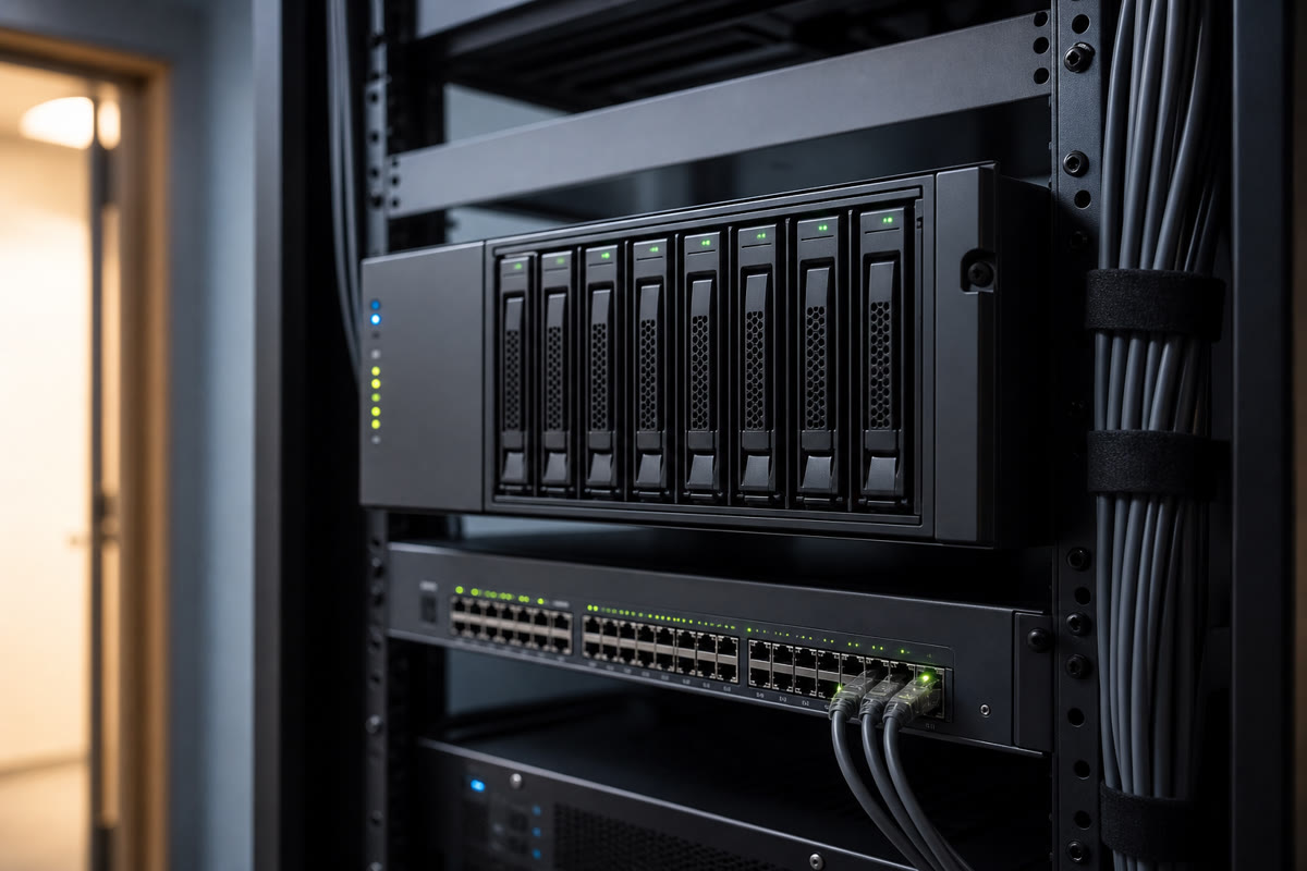 Neatly cabled network rack with a rack-mounted storage appliance and steady status lights.