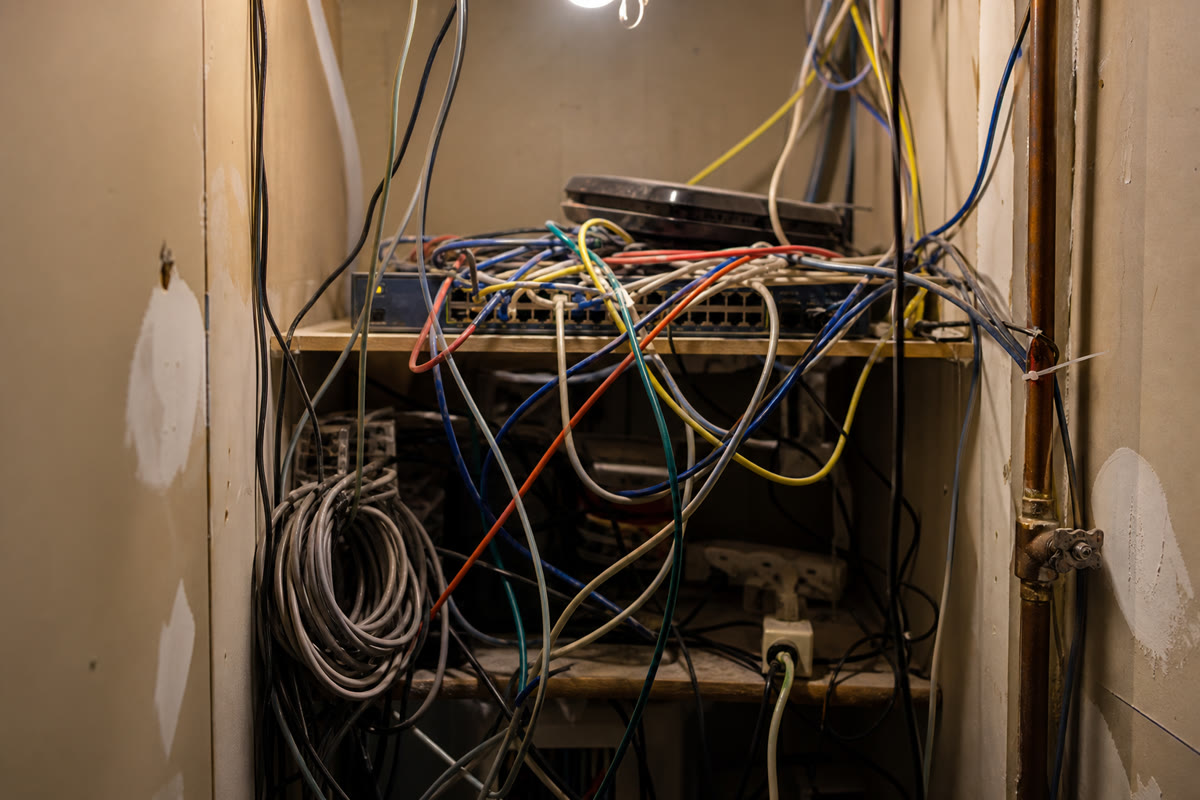A neglected network closet with tangled mismatched cables draped over an old switch on a wooden shelf.
