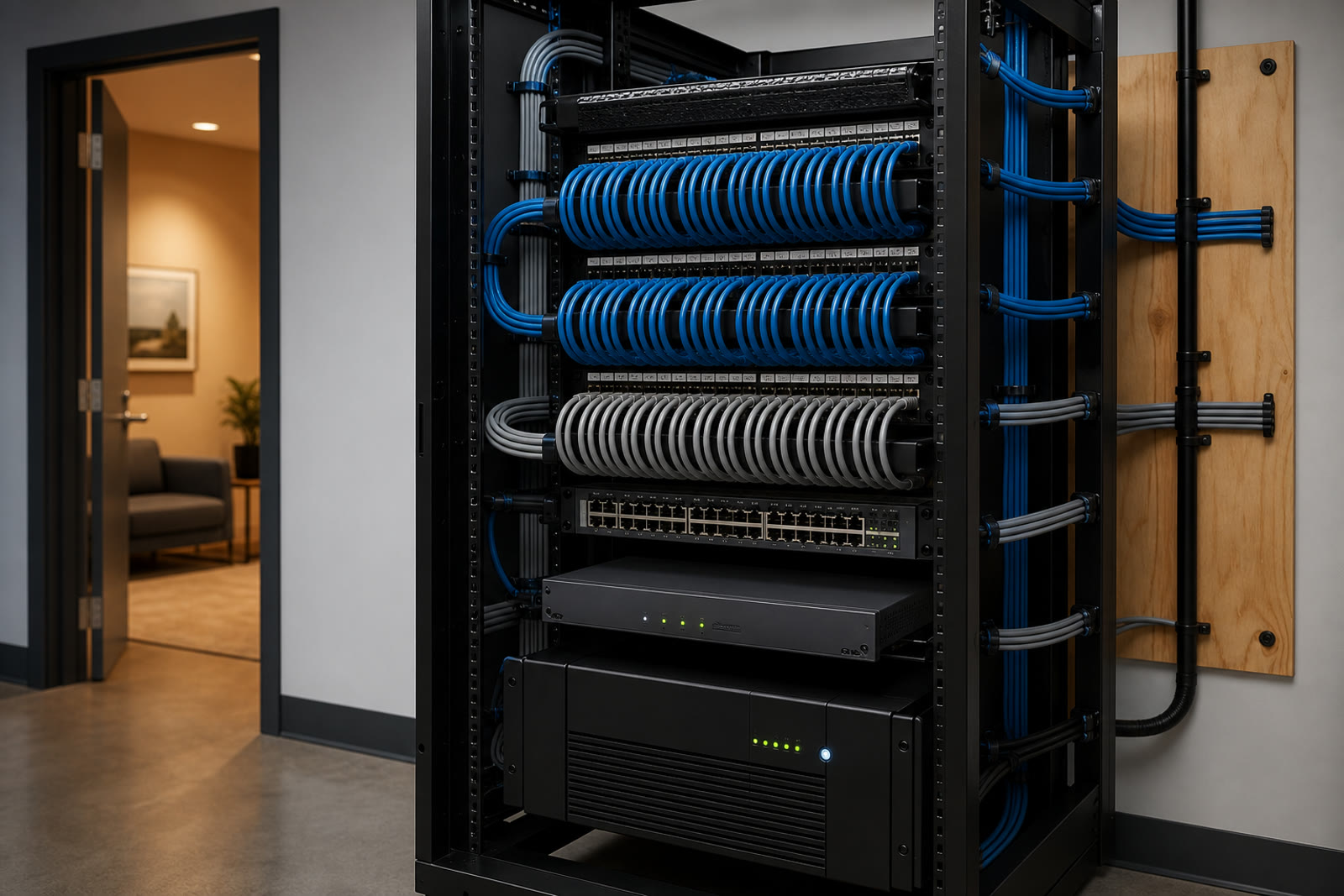 Immaculately organized network rack with color-coded patch cables combed neatly between a labeled patch panel and a switch.