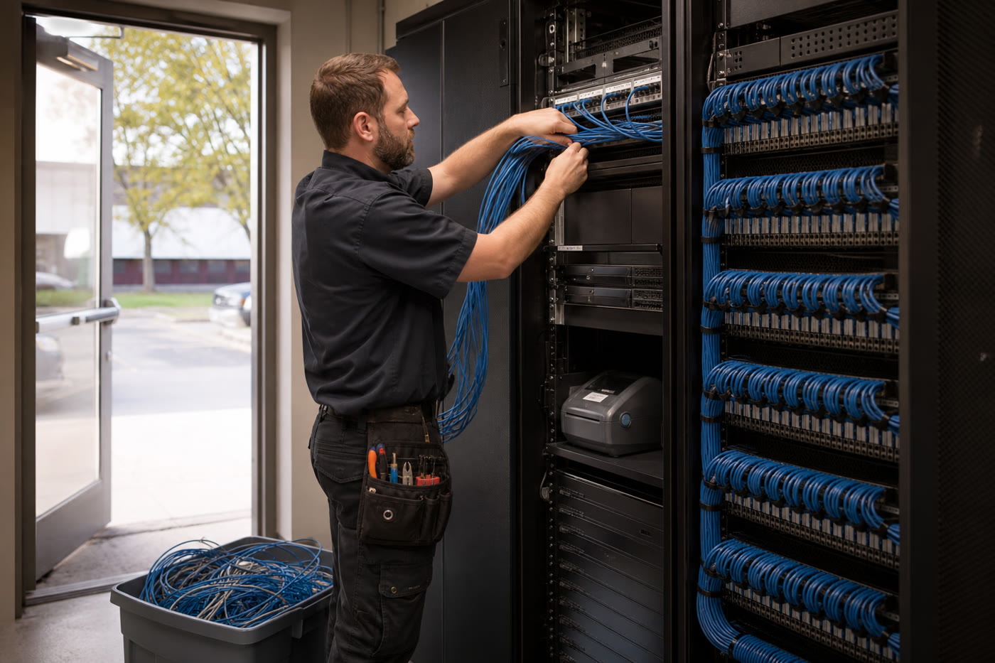 Knockout Networks technician standing at an open rack dressing blue patch cables into a cable manager.