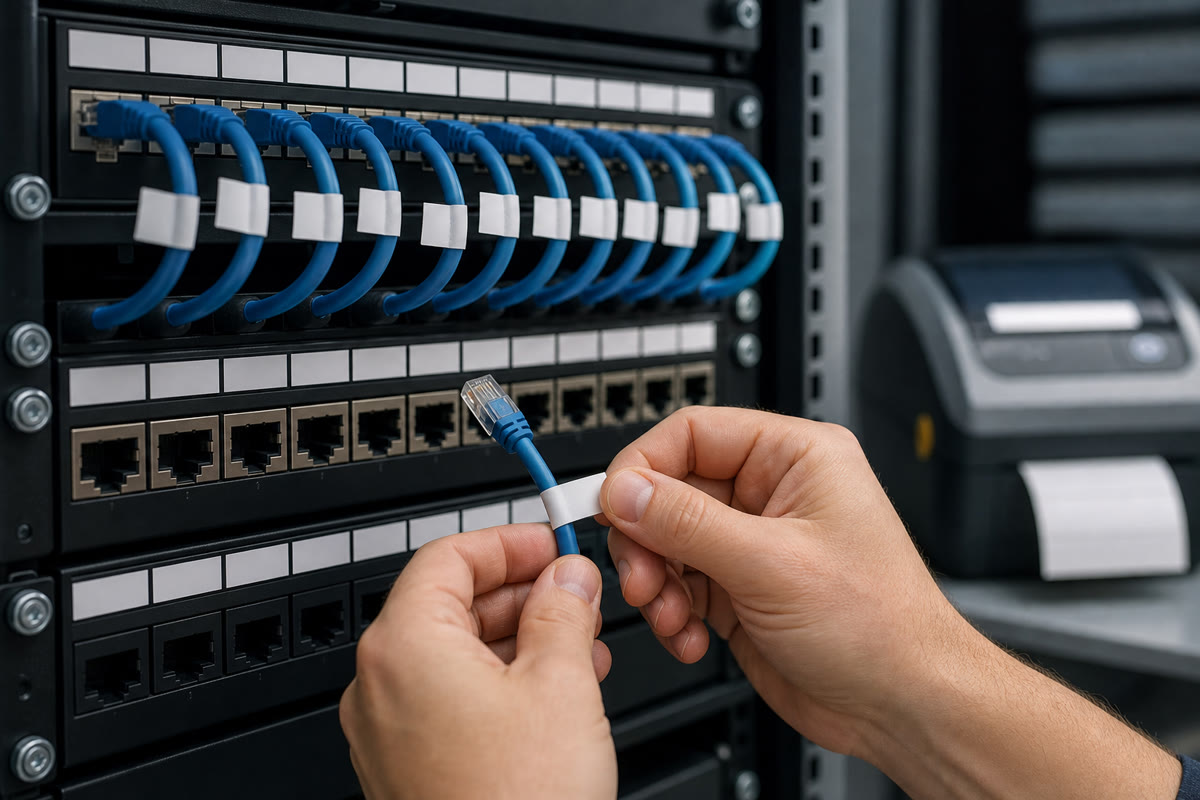 Technician applying a label to a patch cable at a freshly terminated patch panel in a network rack.