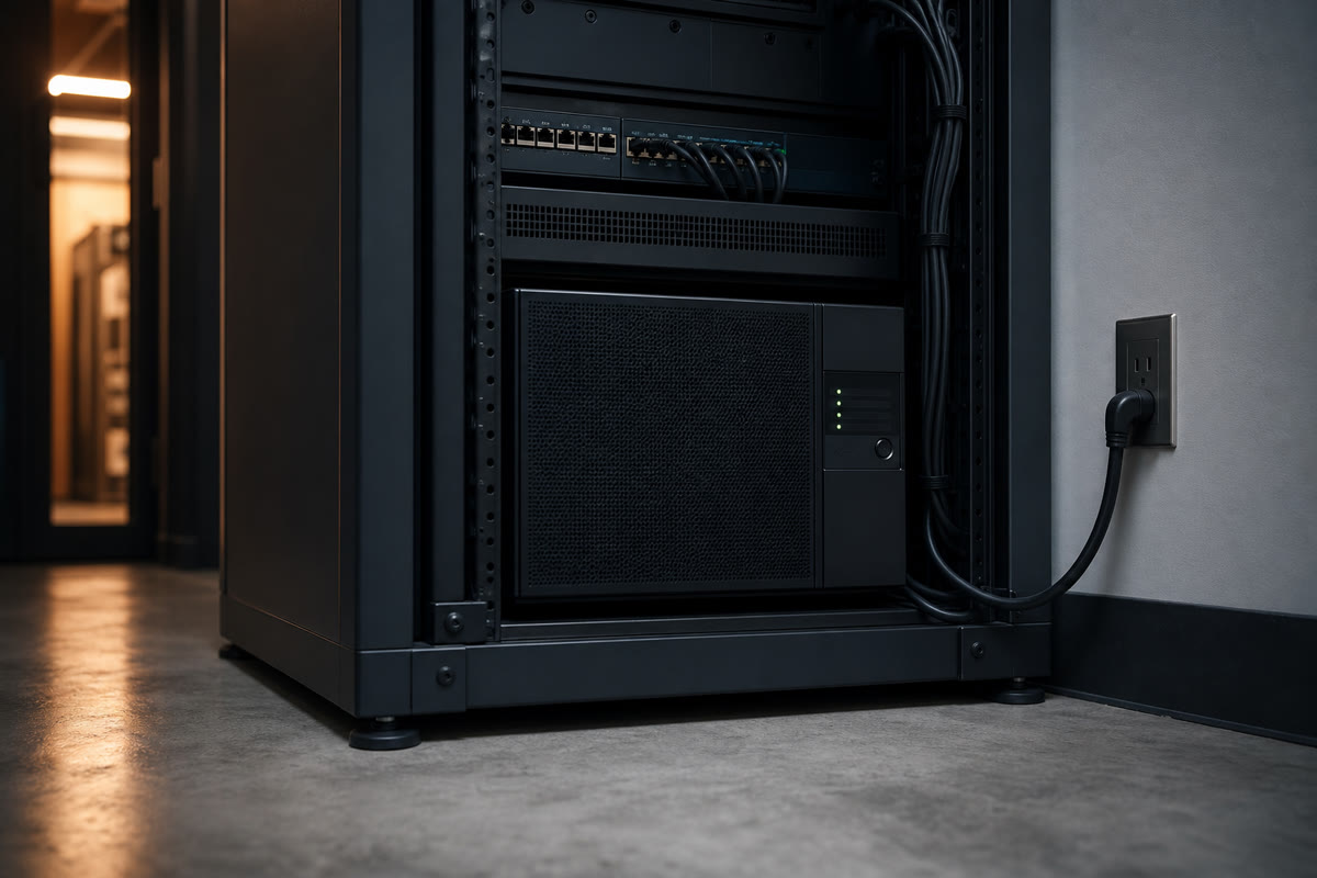 Rack-mounted battery backup unit installed neatly beneath a switch in a small business network rack.