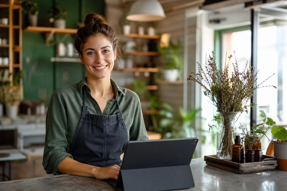 A boutique owner working on a tablet at the shop counter—an example of the retail businesses Knockout Networks supports.